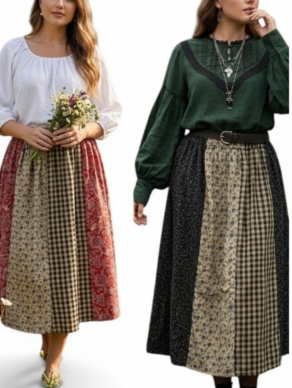 Vintage Patchwork Prairie Midi Skirt Mixed Floral Gingham Red Black OS